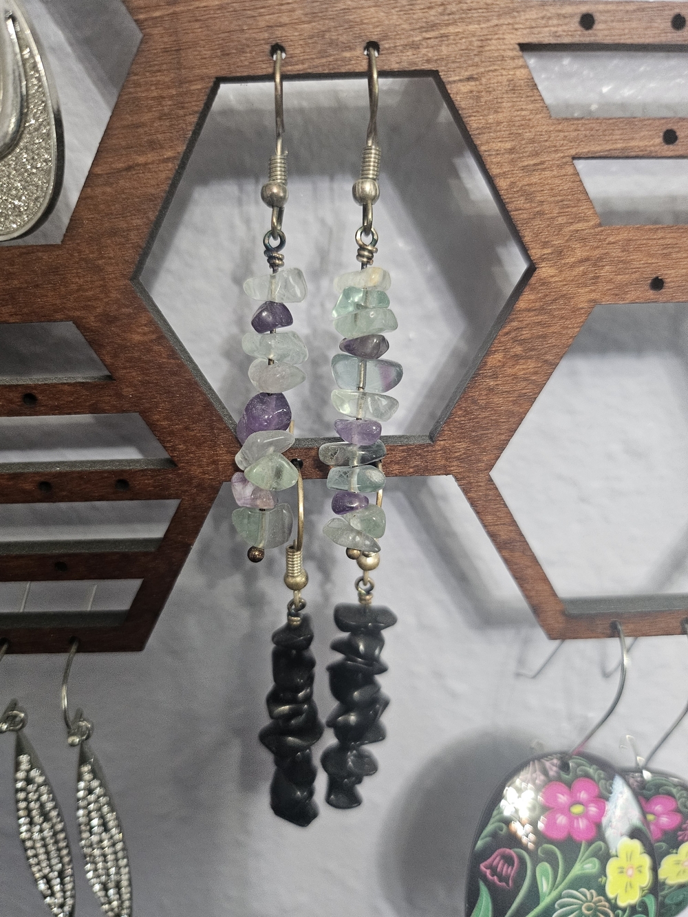 Multi-Color Fluorite and Black Stone Drop Earrings - Crystal Catalyst- From ETSY